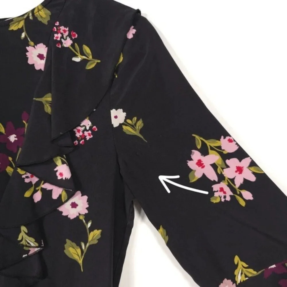 Kate Spade‎ 100% SILK In Bloom Ruffle Dress Women’s Size 2 Black Floral